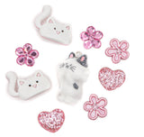 This pack includes a flocked cat charm, pink flowers, and glitter hearts. Perfect for DIY crafts and gifts.