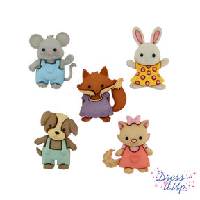 Five furry friends-dog, cat, fox, mouse and rabbit-are dressed and ready to embellish children's crafts and decor