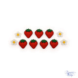 a shank-back button pack of strawberries and strawberry blossoms for spring crafting