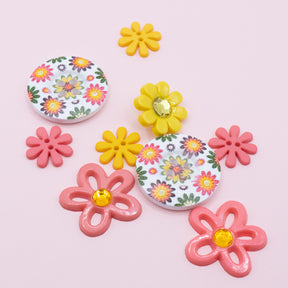 yellow and pink floral themed craft buttons for diy crafting