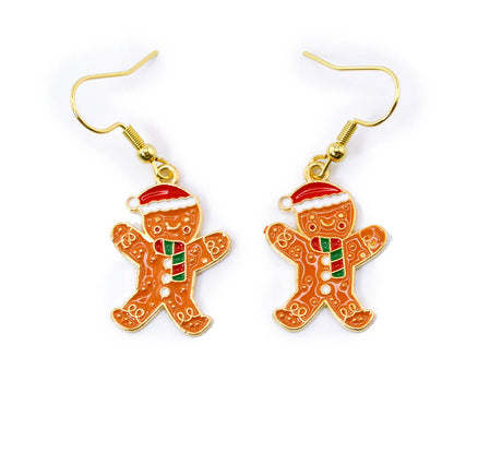 Golden Enamel Gingerbread Man Dangle Earrings