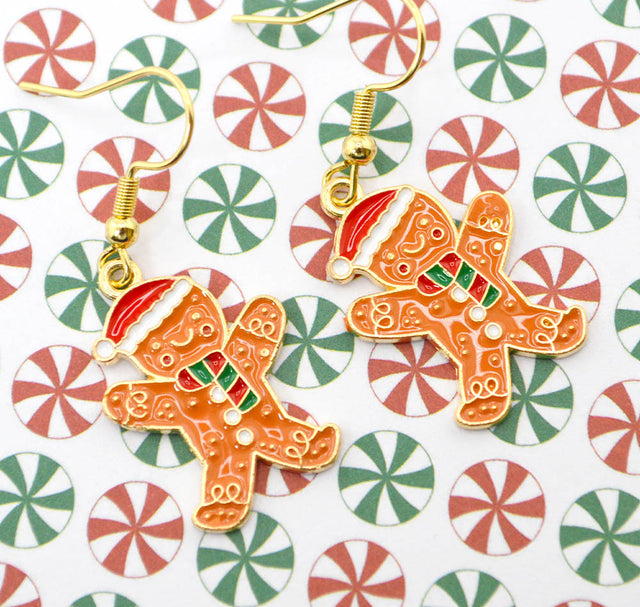 Golden Enamel Gingerbread Man Dangle Earrings