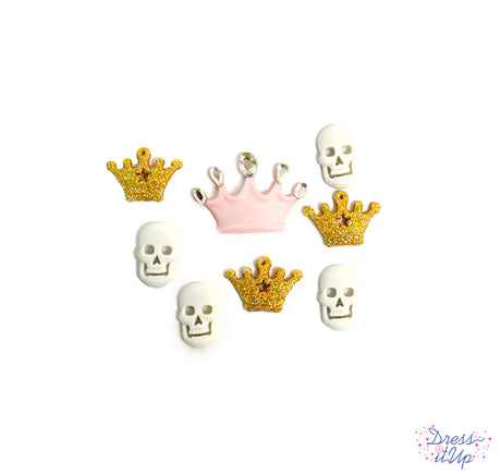 Shank-back and flat-back buttons featuring skulls and crowns