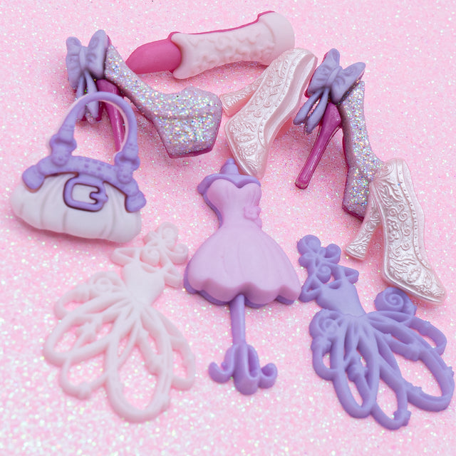 Shop till you drop! Perfect for the everyday shopaholic. Create adorable accents for girl’s purses, tutus, sunglasses, bags and more.