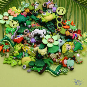 A huge assortment of green-themed buttons and embellishments