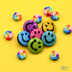 Bright color smiley faces and tiny happy flowers for sewing and crafting