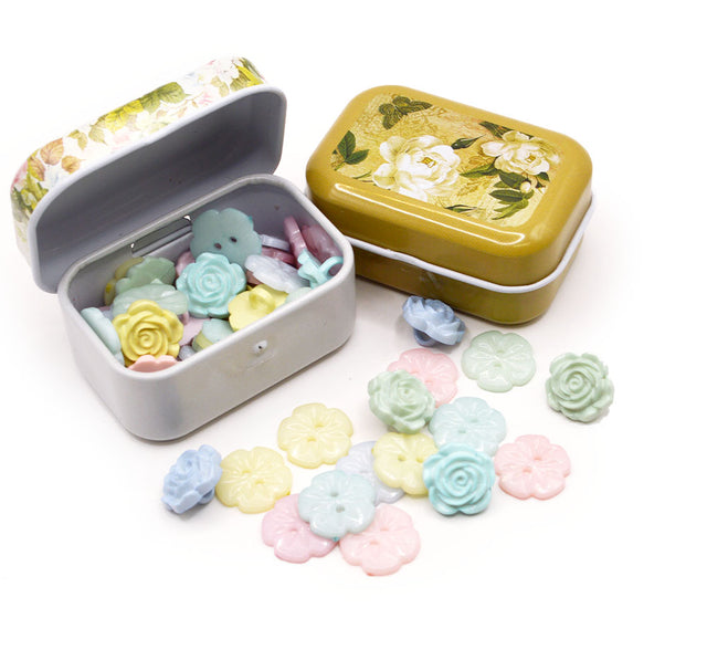 pastel roses and sew-thru flowers in a reusable floral tin