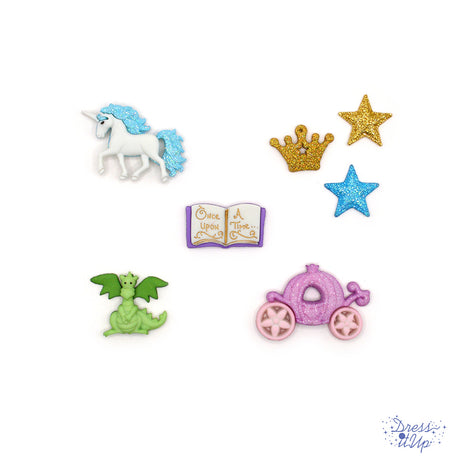Fantasy and princess projects come alive with this pack including a story book, unicorn, dragon, carriage, crown and stars