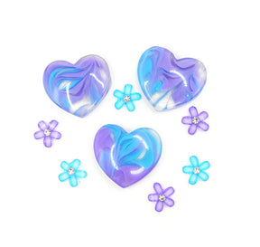 purple and blue flat-back hearts and rhinestone flowers. 