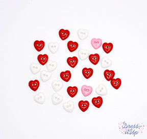 2-hole heart shaped buttons in red, white and pink