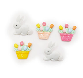 Yellow, peach, and pink tulip embellishments with white rabbits for spring. 