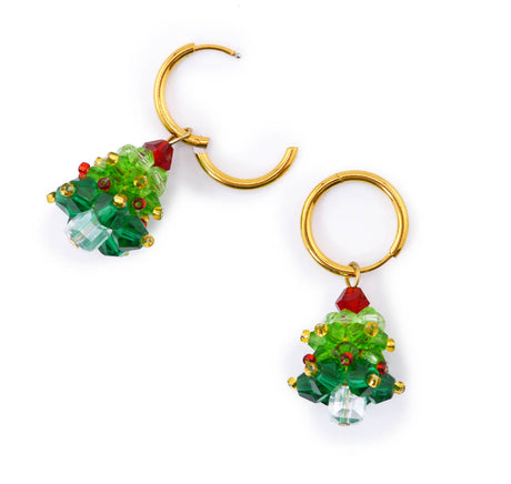 Beaded Christmas Tree Hoop Earrings