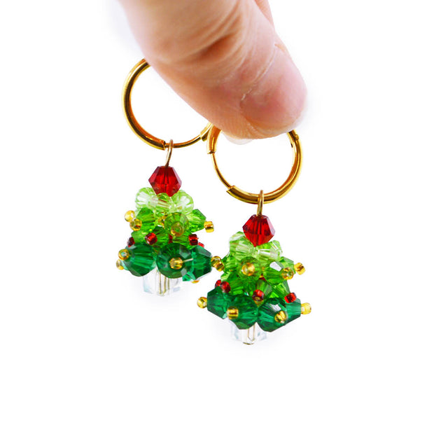Beaded Christmas Tree Hoop Earrings