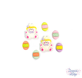 Two Easter bunnies and five pastel Easter eggs for crafting and decorating