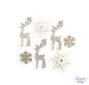 Glittery silver reindeer and snowflakes add an elegant touch to winter and holiday projects