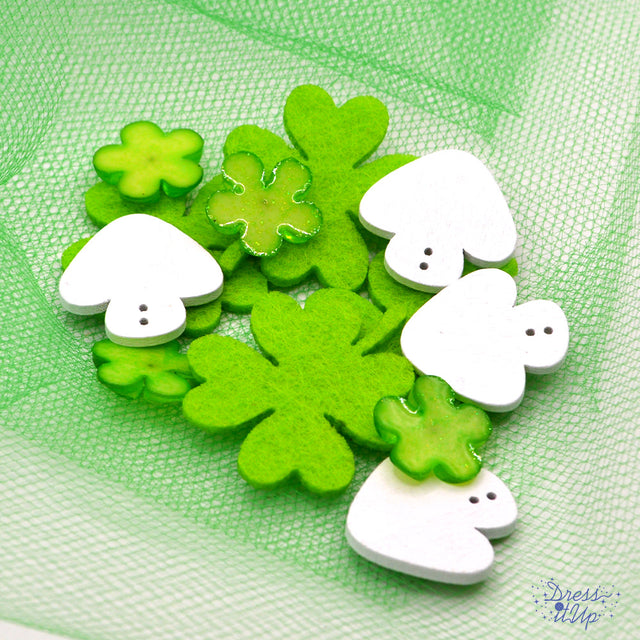 Green polka-dot mushrooms, shamrocks and resin flowers add to garden and outdoor themed crafts, flat-back and sew-thru embellishments