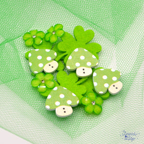 Green polka-dot mushrooms, shamrocks and resin flowers add to garden and outdoor themed crafts