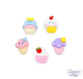 Five adorable flat-back embellishments feature cupcakes and ice cream treats in pastel colors