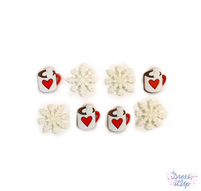 Hot cups of cocoa and snowflakes add to winter and holiday crafts