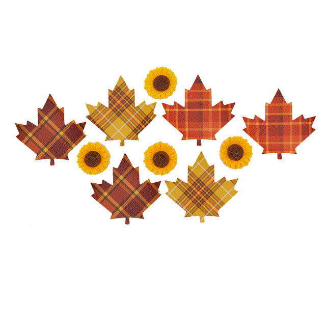 Fall Plaid Faux Leather Leaves & Sunflower Buttons Set