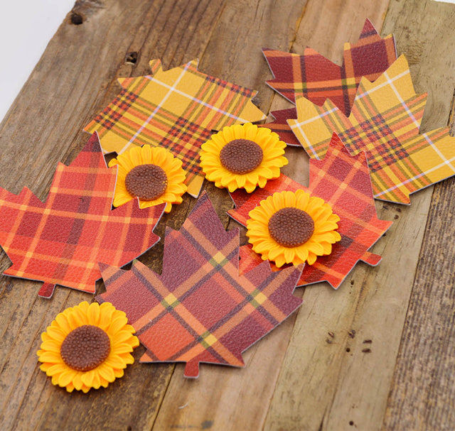 Fall Plaid Faux Leather Leaves & Sunflower Buttons Set