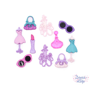 Perfect for the everyday shopaholic, this pink and purple mix includes two purses, two dresses, two sunglasses, lipstick, and perfume bottle