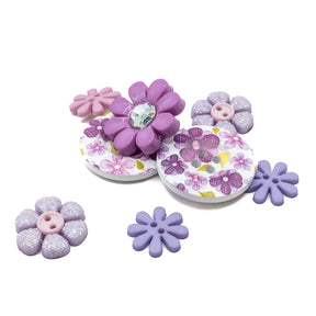 purple sew thru and shank back buttons with a floral pattern for diy crafting