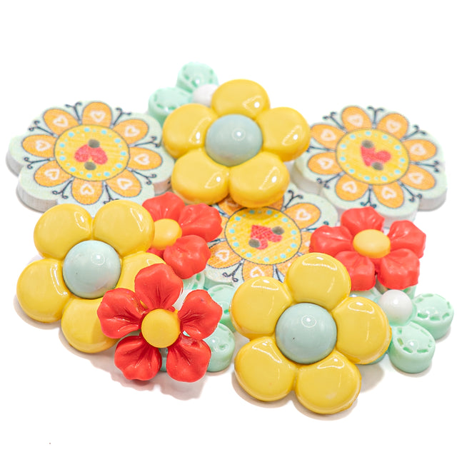 Colorful flower-shaped buttons on a white background