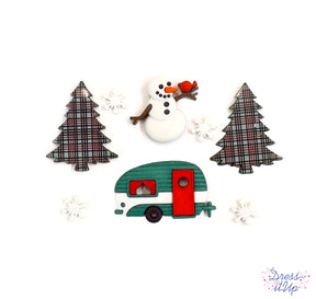 Holiday themed camper, snowman and plaid trees add to outdoor and winter themed crafts