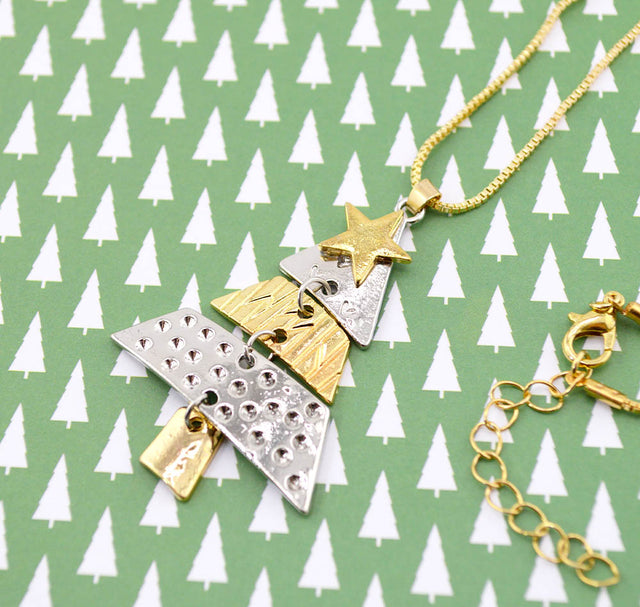 Platinum & Gold Christmas Tree Pendant Necklace