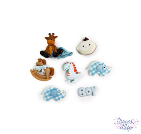 Blue themed button embellishments include a baby face, dinosaur, two plaid elephants, rocking horse, giraffe and word BOY