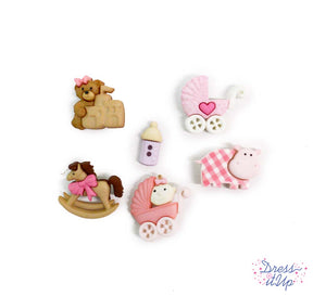 Pink themed button embellishments include a baby carriage, plaid hippo, rocking horse, teddy bear, baby carriage with baby and a bottle