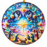 A round hanging Christmas ornament featuring a colorful, detailed nativity scene with the Star of Bethlehem in the center, angels, wise men, shepherds, and a horse, shown on a plain white background.