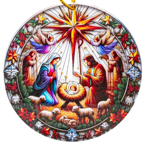 A circular stained-glass-style Christmas ornament depicting the Holy Family, wise men, angels, shepherds, and lambs around a glowing nativity scene with a radiant star above.