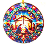 Nativity scene on acrylic ornament on a white background