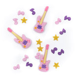 pink guitars, yellow stars, and purple music note themed craft buttons