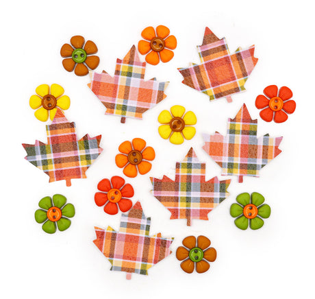 Autumn Plaid Faux Leather Leaves & Flower Buttons Set