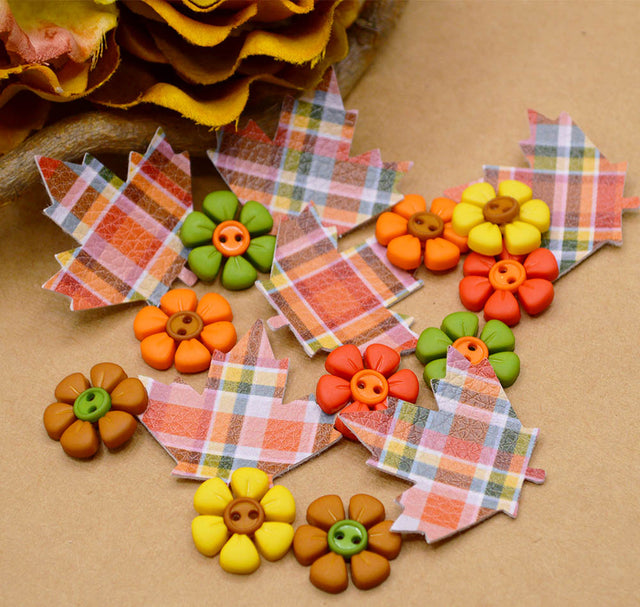 Autumn Plaid Faux Leather Leaves & Flower Buttons Set