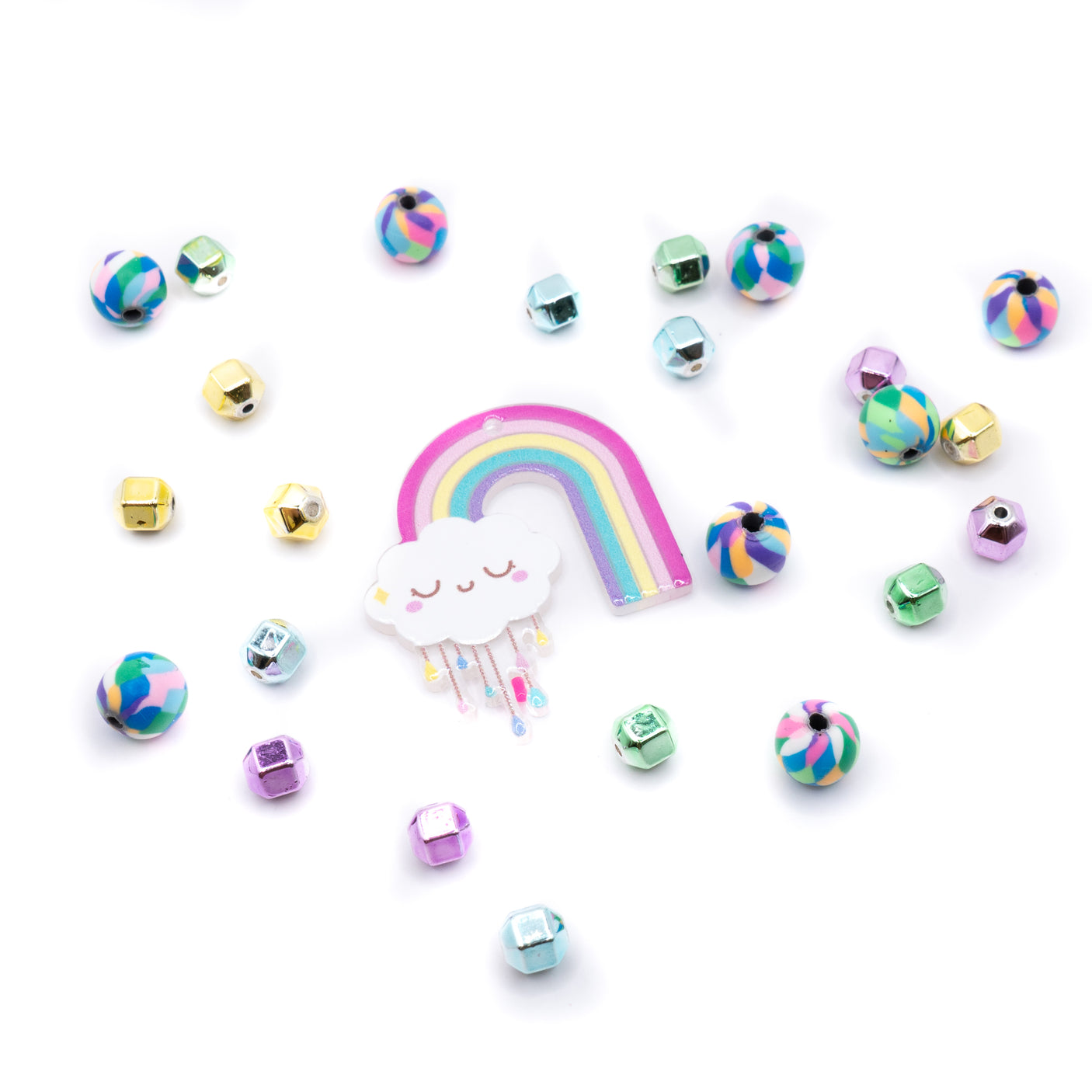 resin cloud and rainbow charm with plastic and lay beads.