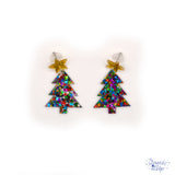 Made from lightweight resin, each earring showcases a glittering confetti Christmas tree topped with a sparkling star
