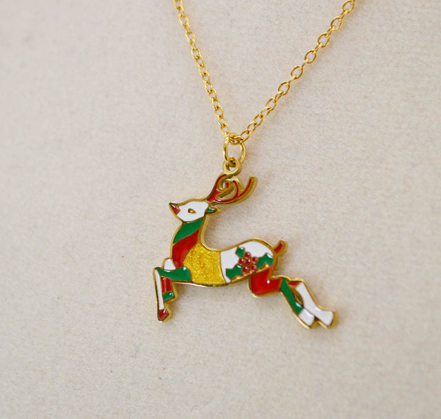 Colorful Enamel Christmas Deer Necklace