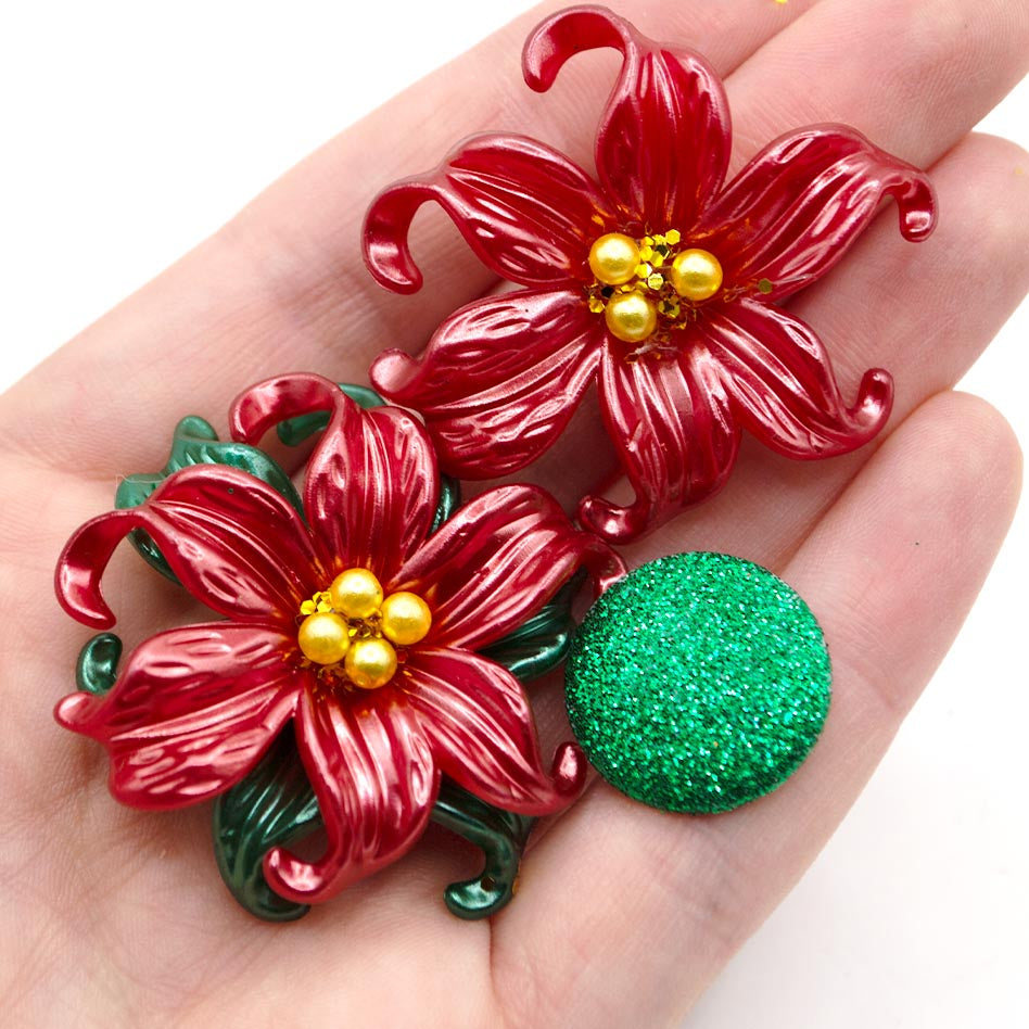 Red Glitter Poinsettia Flatback Flowers