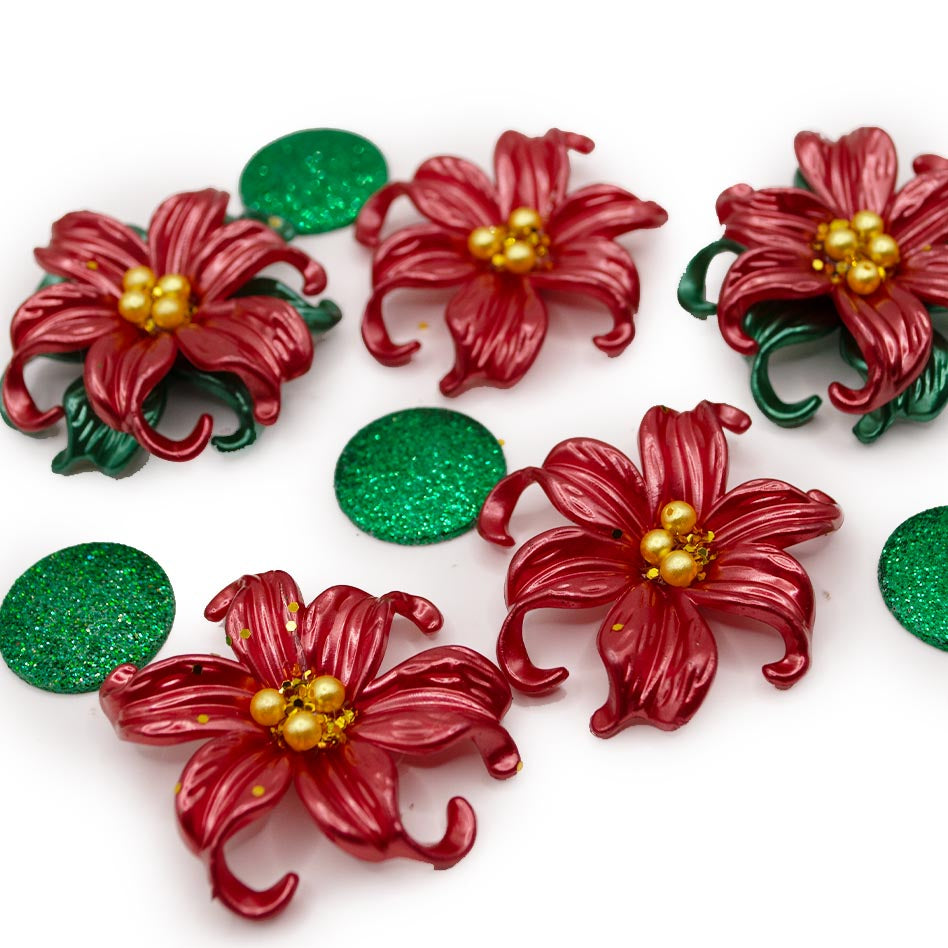 Red Glitter Poinsettia Flatback Flowers