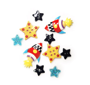 rocket ship and star buttons and resin embellishments for wood and paper crafting