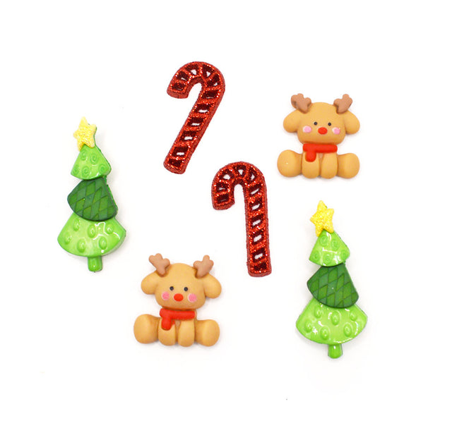 A Christmas pack of craft embellishments featuring cute Rudolph, tree, and canes
