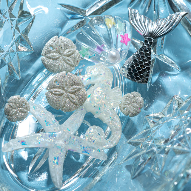 Decorative items including a mermaid, sand dollars, and starfish on a blue textured background.