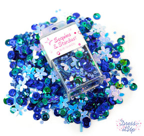 Each blue mix includes round sequins, flower sequins, seed beads, bugle beads, and more