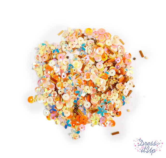 Mix includes soft peach tones and pearlesque round sequins, flower sequins, seed beads, bugle beads, and more