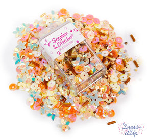 Mix includes soft peach tones and pearlesque round sequins, flower sequins, seed beads, bugle beads, and more
