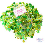 Mix includes round sequins, flower sequins, seed beads, bugle beads, and more in greens